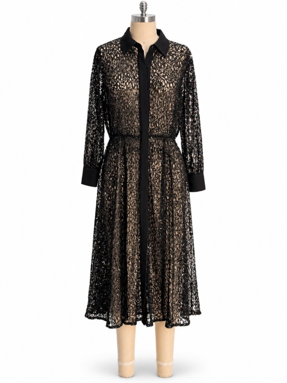 Anne Klein Black Lace Shirt Dress with Waist Tie - 6 / M